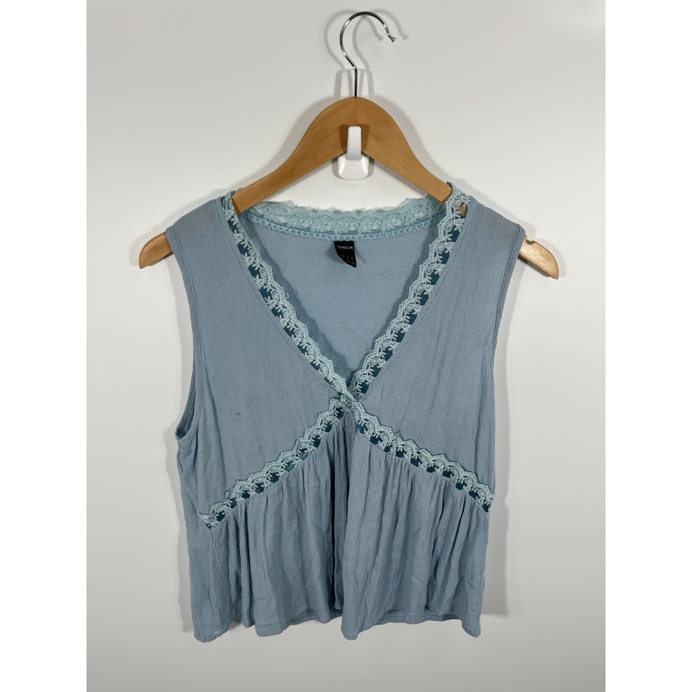 Womens Babydoll Top M Blue Lace Boho Chic Coastal Minimalist Capsule Lightweight
